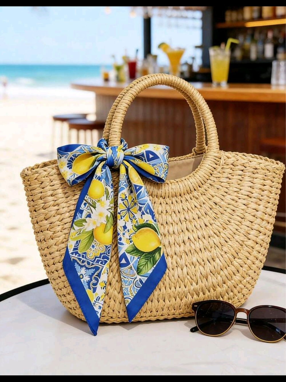 Blue and Yellow Lemon Tile Print Beach Towel 27.6/27.6" - Picture 2 of 3
